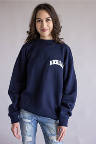 1897 Active Michigan Embroidered Mock Neck Sweatshirt for Women in Navy