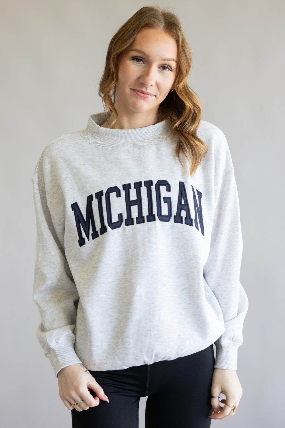 1897 Active Michigan Patch Embroidered Mock Neck Pullover for Women in Ice Grey/Navy