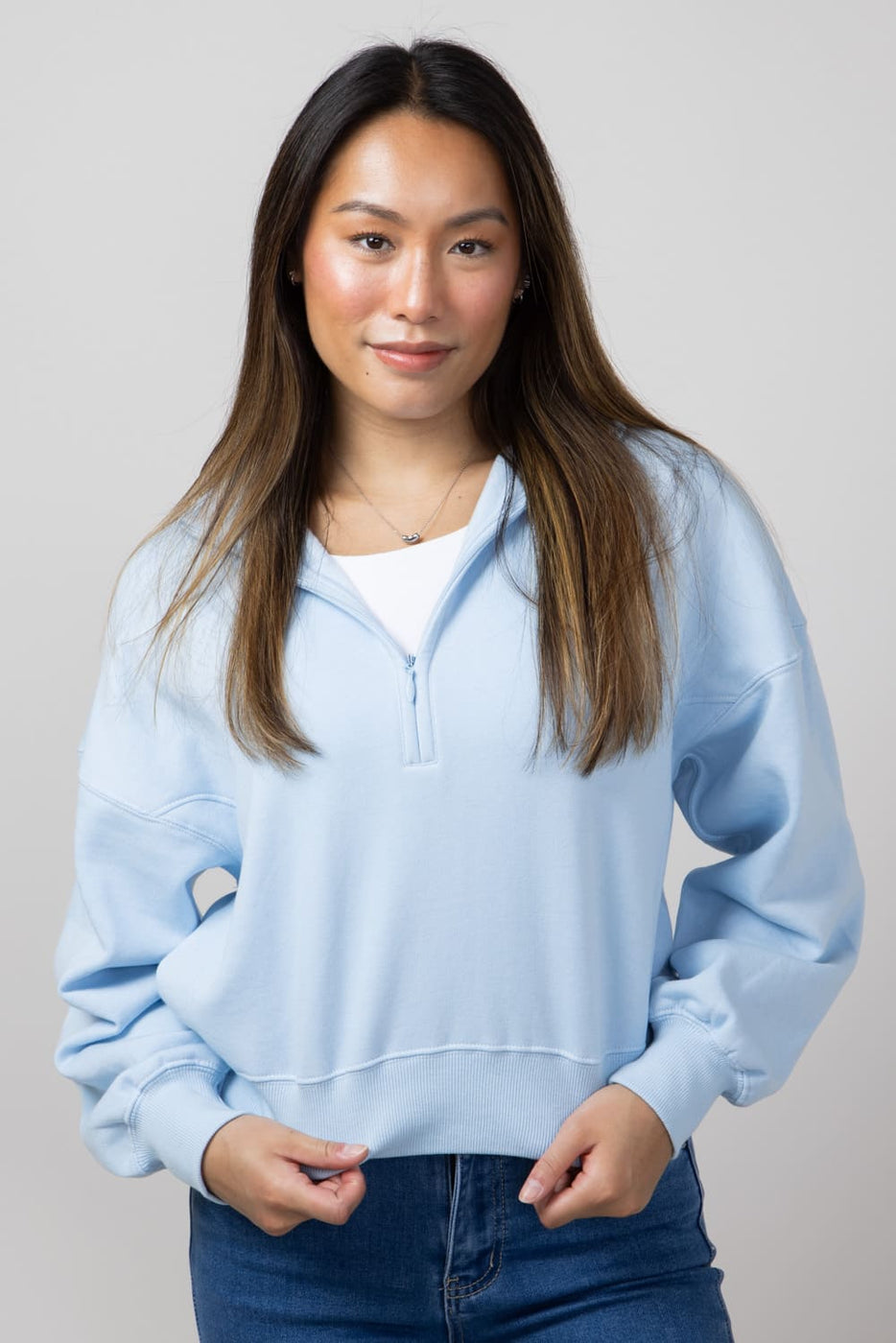 【AAKE】HIGH-NECK DUMBLE JP 1897 Active ¼ Zip Mock Neck Pullover for Women in Blue