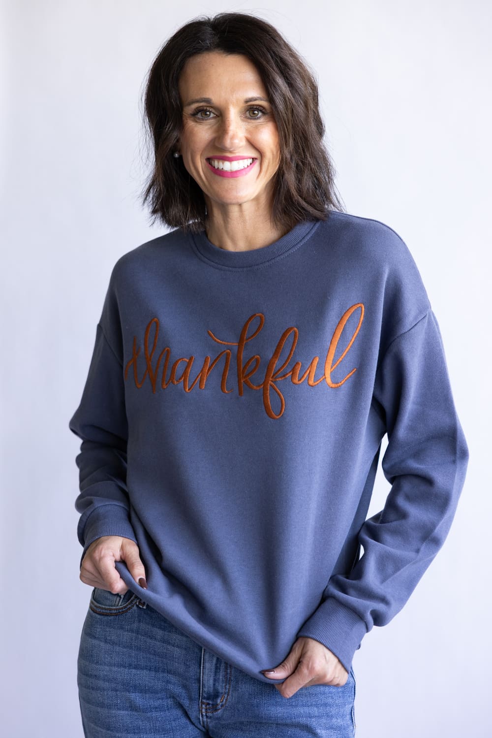 1897 Active Thankful Graphic Fleece Sweatshirt for Women in Blue