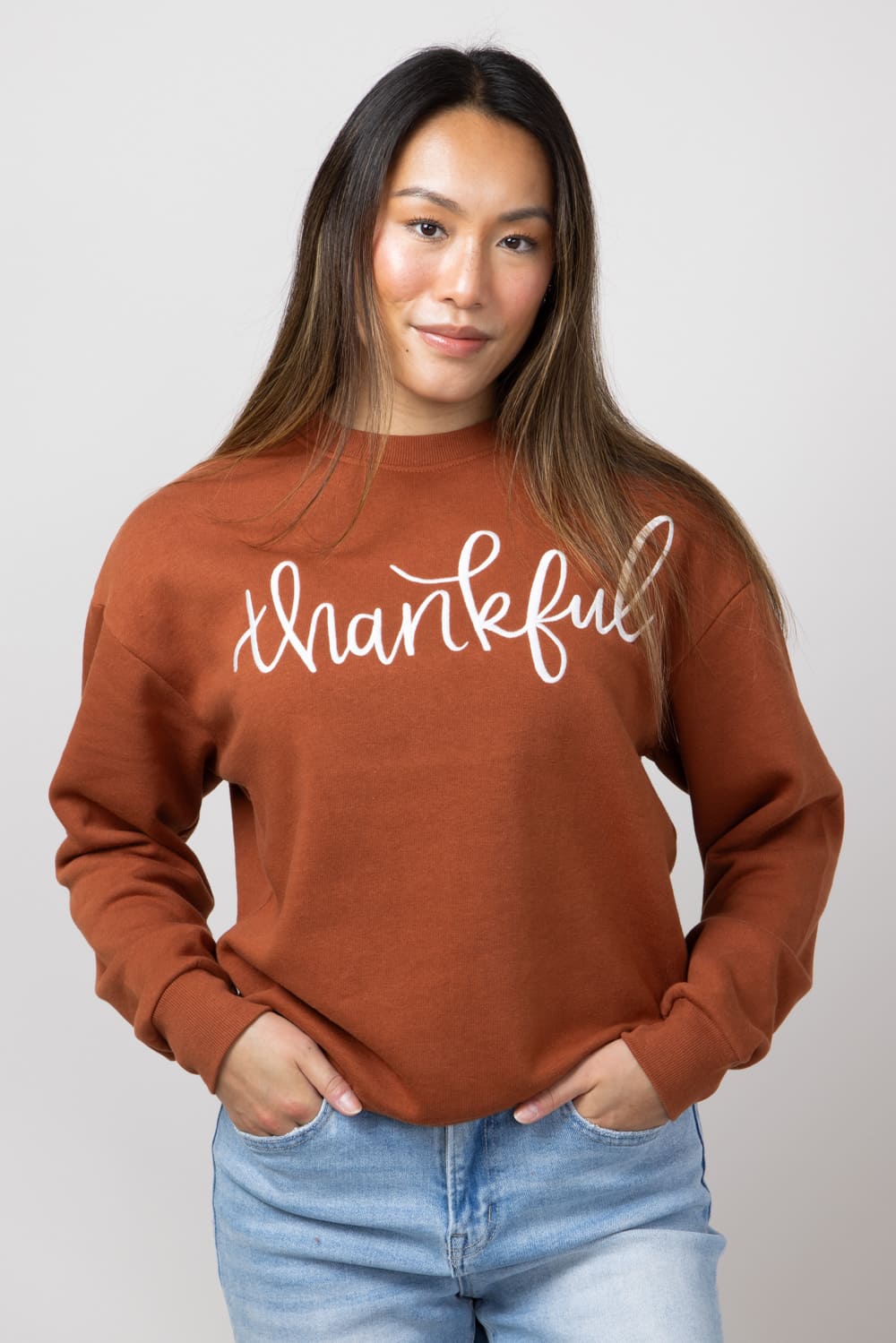 1897 Active Thankful Graphic Fleece Sweatshirt for Women in Orange