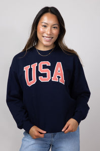 1897 Active USA Embroidered Fleece Sweatshirt for Women in Deep Navy