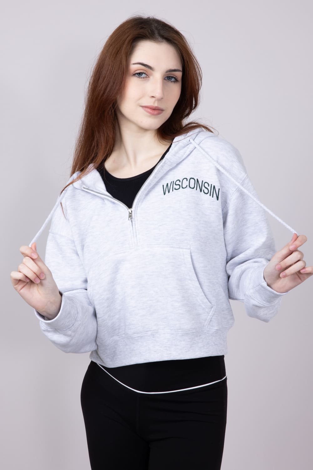 1897 Active ½ Zip Wisconsin Embroidered Hoodie for Women in Ice Grey