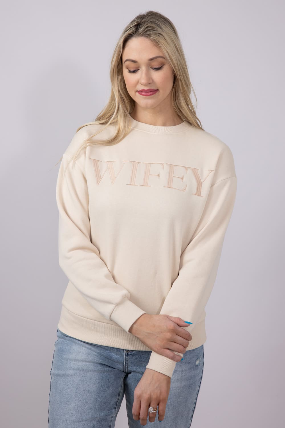 1897 Active Embroidered Wifey Fleece Sweatshirt for Women in Cream