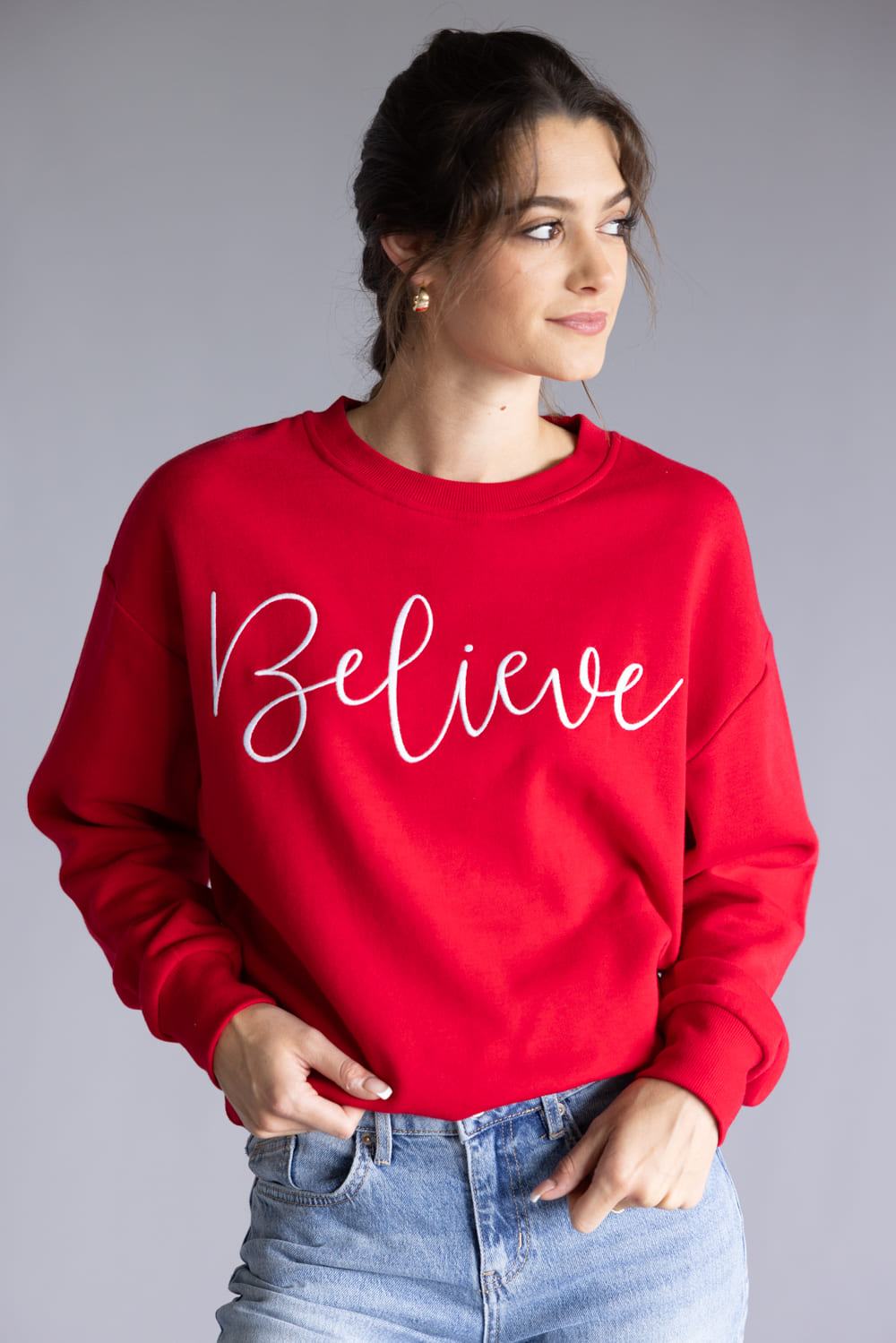 1897 Active Believe Embroidered  Fleece Sweatshirt for Women in Red