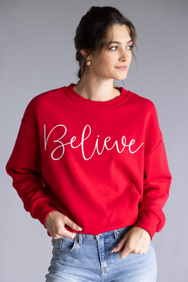 1897 Active Believe Embroidered  Fleece Sweatshirt for Women in Red