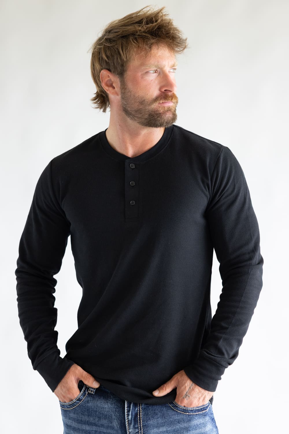 1897 Original Solid Henley Thermal Long Sleeve Shirt for Men in Black