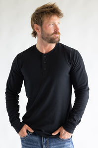 1897 Original Solid Henley Thermal Long Sleeve Shirt for Men in Black