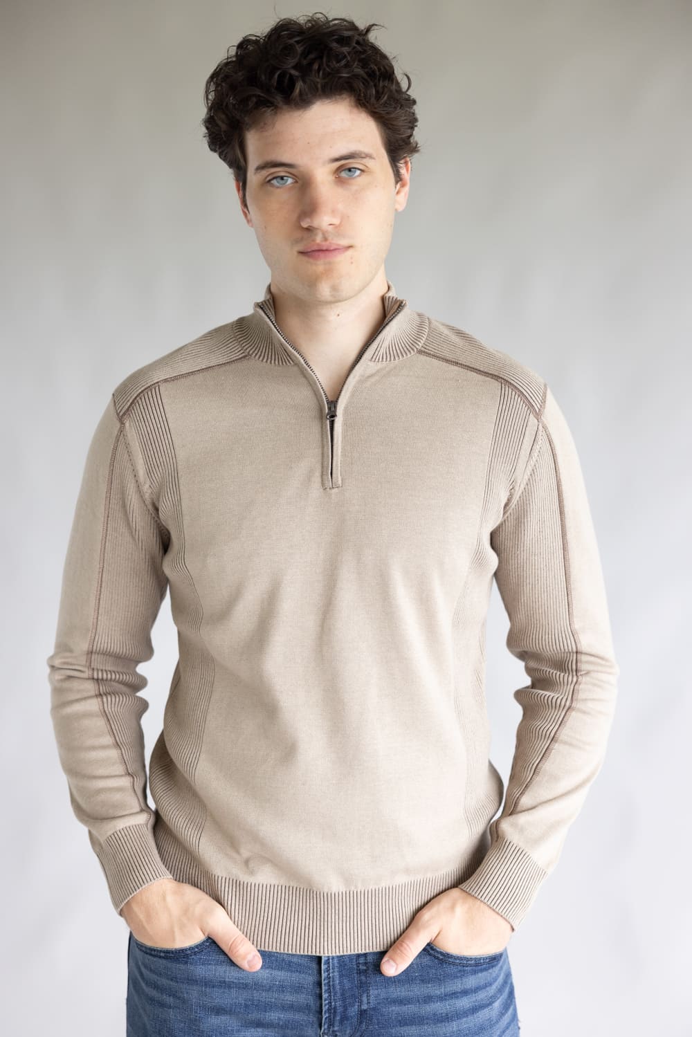 【HI FI FNK】Martin Collar Knit 1897 Original 1/4 Zip Mock Neck Sweater for Men in Brown