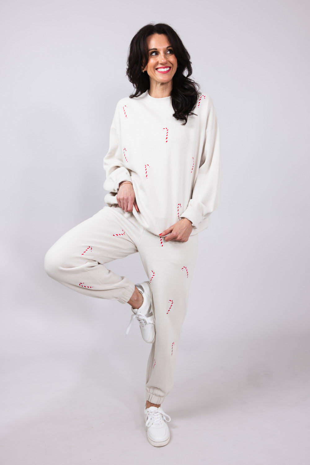 1897 Active Candy Cane Embroidered Fleece Sweatshirt for Women in Beige