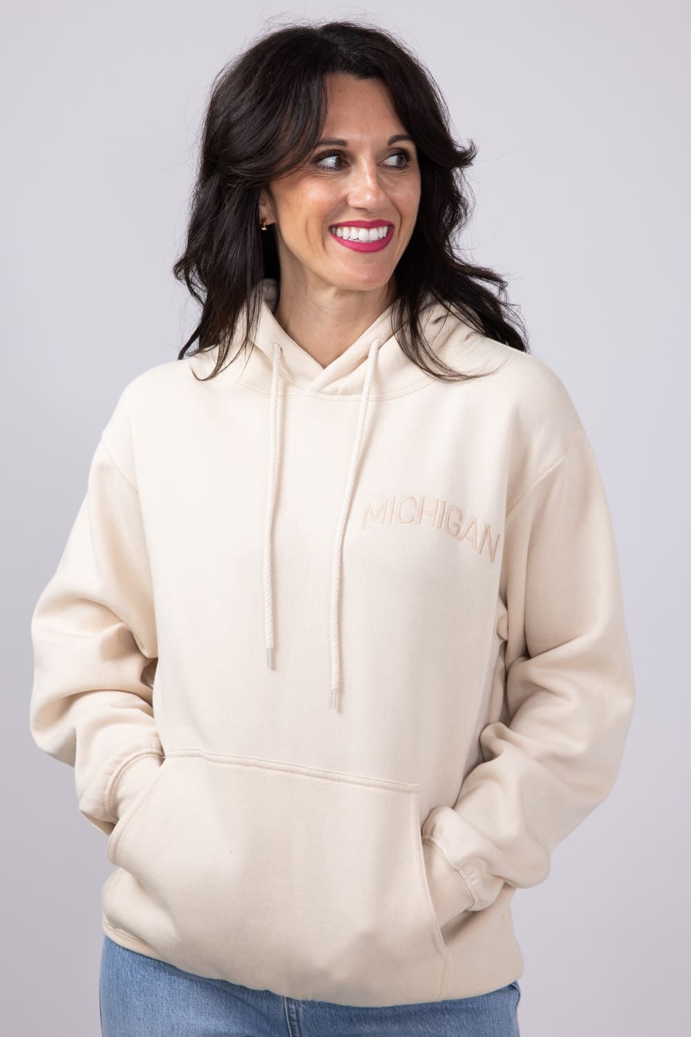 1897 Active Michigan Embroidered Hoodie for Women in Cream | JT082