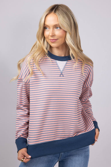 Color Trimmed Striped Top for Women in Pink Charcoal