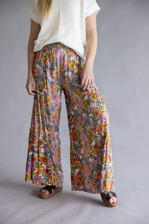 Tiered Floral Beach Pant for Women in White Multi