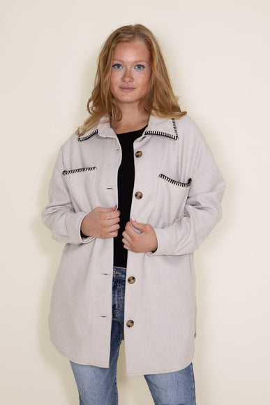 Embroidered Stitch Edge Felt Shacket for Women in Light Oat
