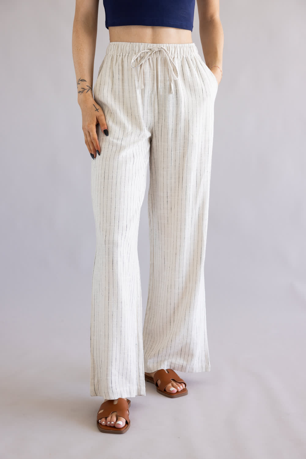 Striped Wide Leg Linen Pants for Women in Off White