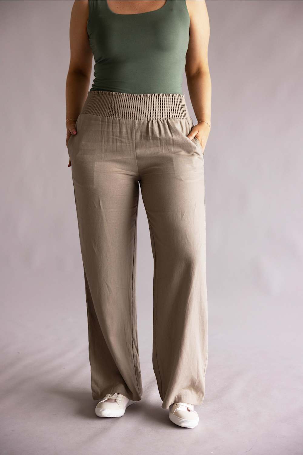 Love Tree Smocked Waist Linen Pants for Women in Mushroom