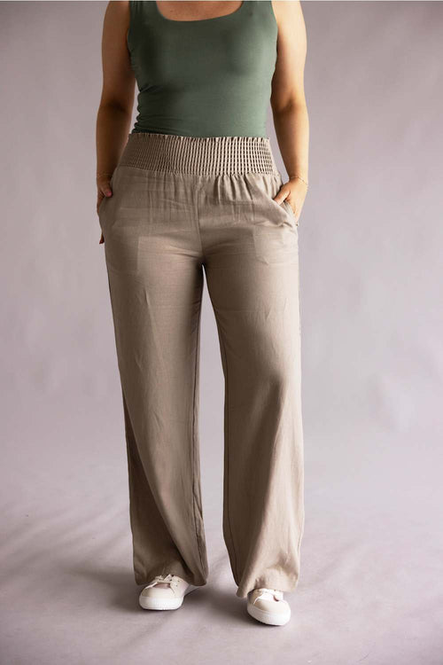 Love Tree Smocked Waist Linen Pants for Women in Mushroom