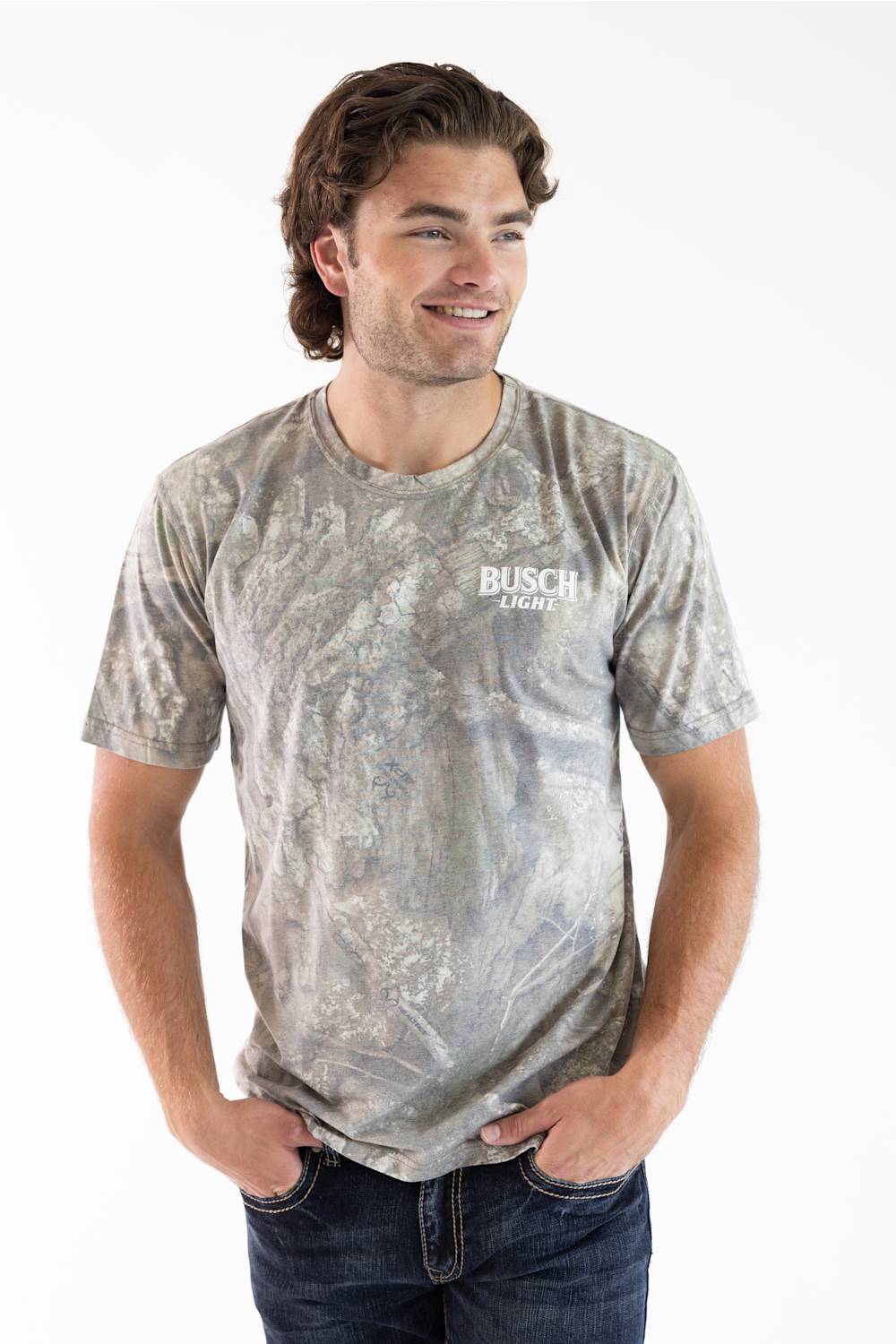 Front view of a man wearing a camo JEDCo t-shirt with a white Busch Light logo on the chest 