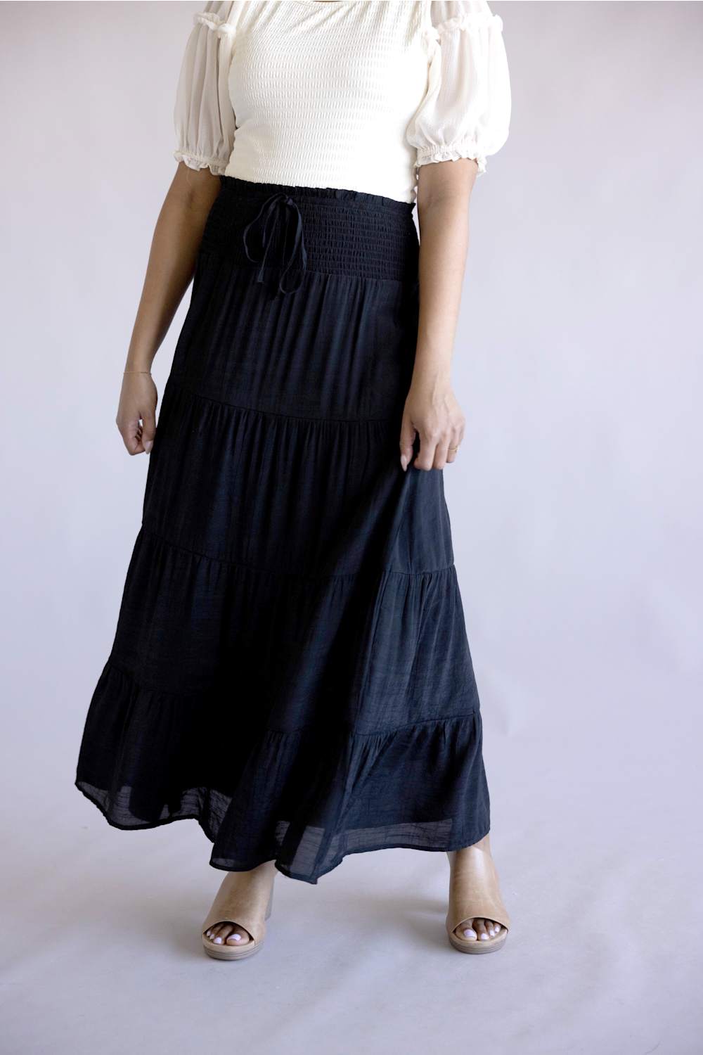 Love Tree Tie Waist Tiered Maxi Skirt for Women in Black | 7289SH