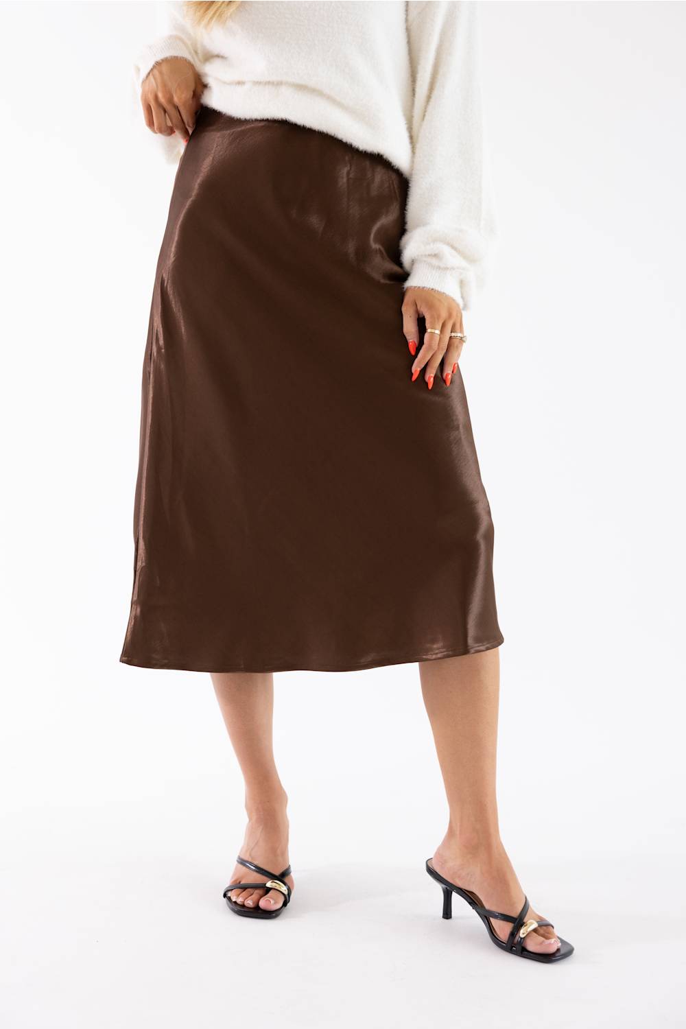 Aaron & Amber A-Line Satin Midi Skirt for Women in Brown | AJS5484-BROWN