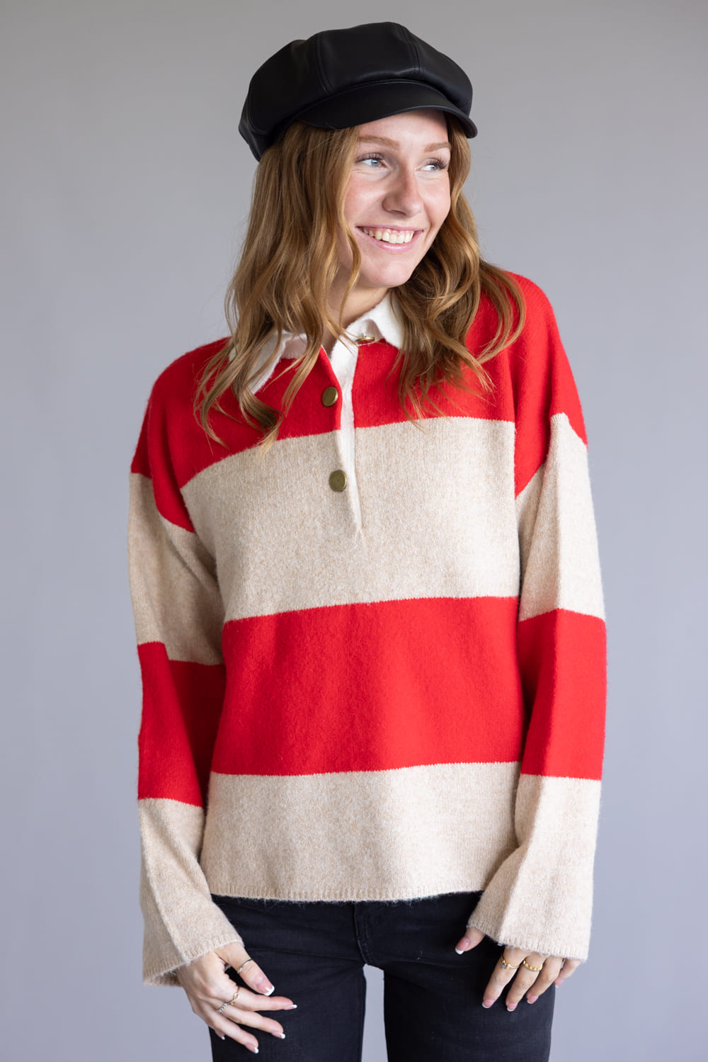 Striped Polo Sweater for Women in Cream/Red | AJT5047