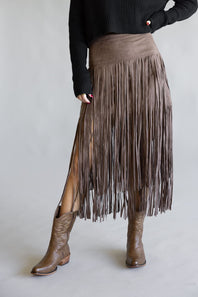 Aaron & Amber Suede Fringe Midi Skirt for Women in Chocolate 