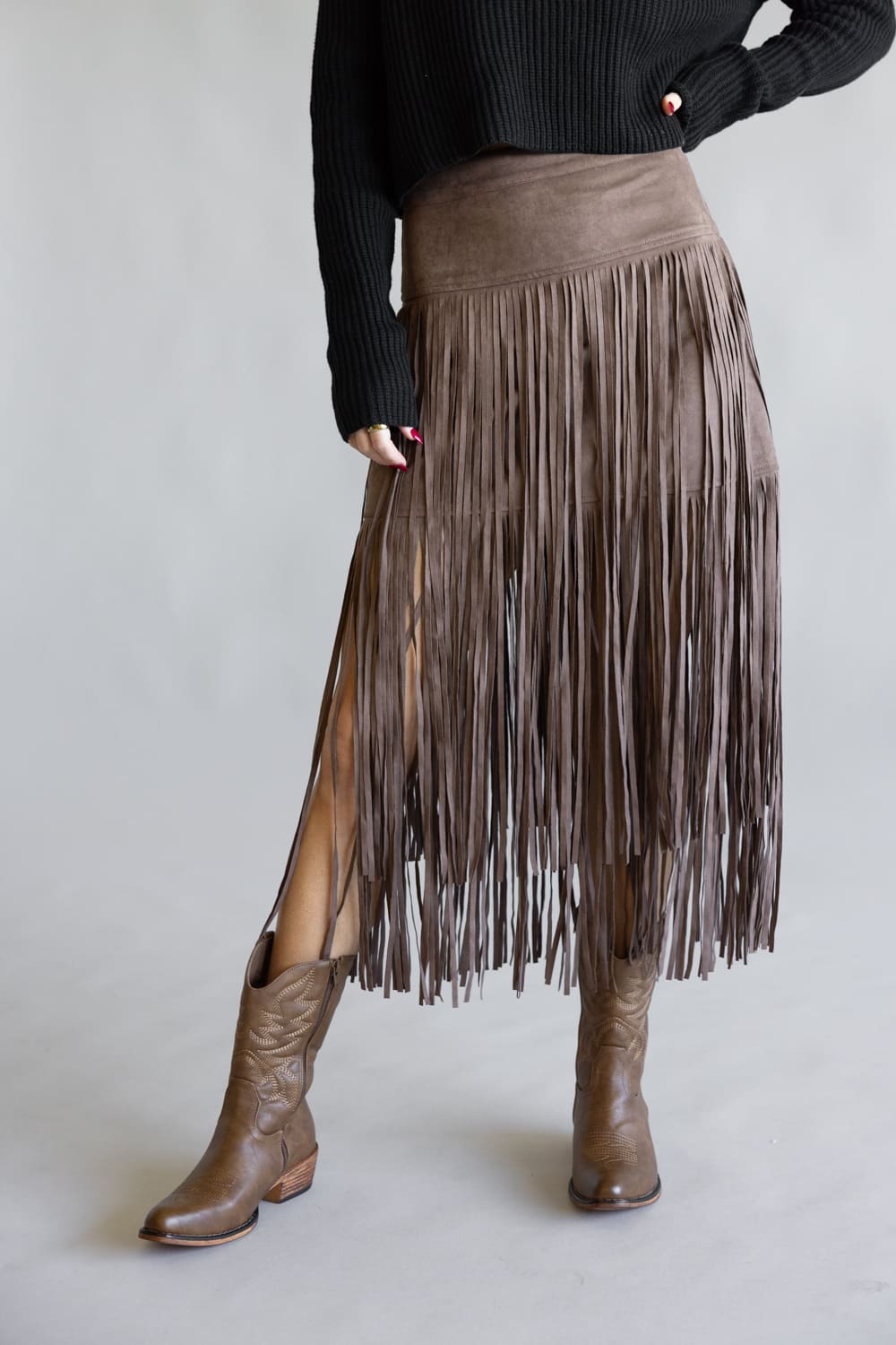 Aaron & Amber Suede Fringe Midi Skirt for Women in Chocolate 