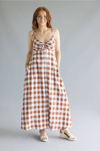 ACOA Gingham Midi Dress for Women in Brown/Ivory