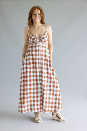 ACOA Gingham Midi Dress for Women in Brown/Ivory