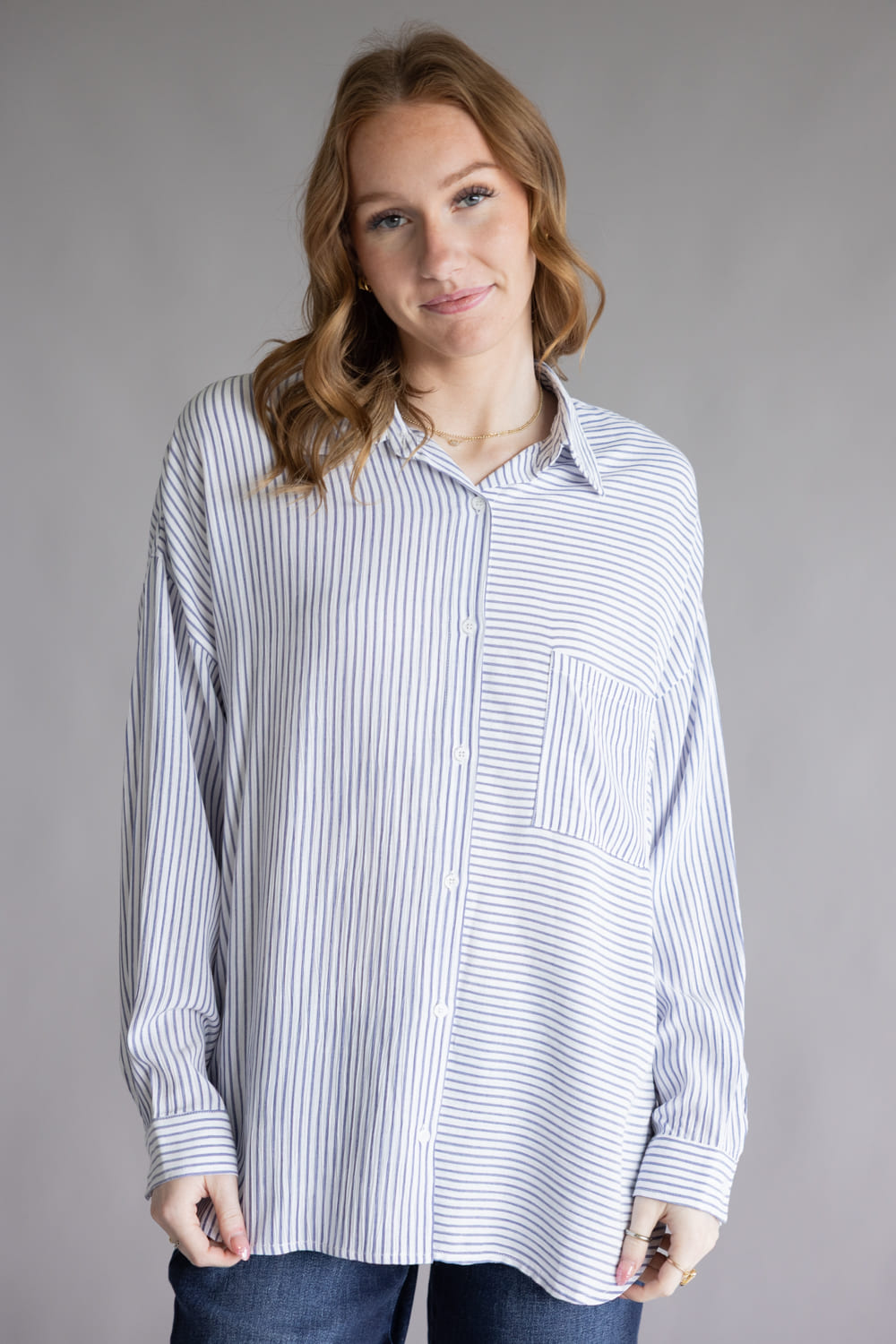 Mix Stripe Button Up Top for Women in Blue 