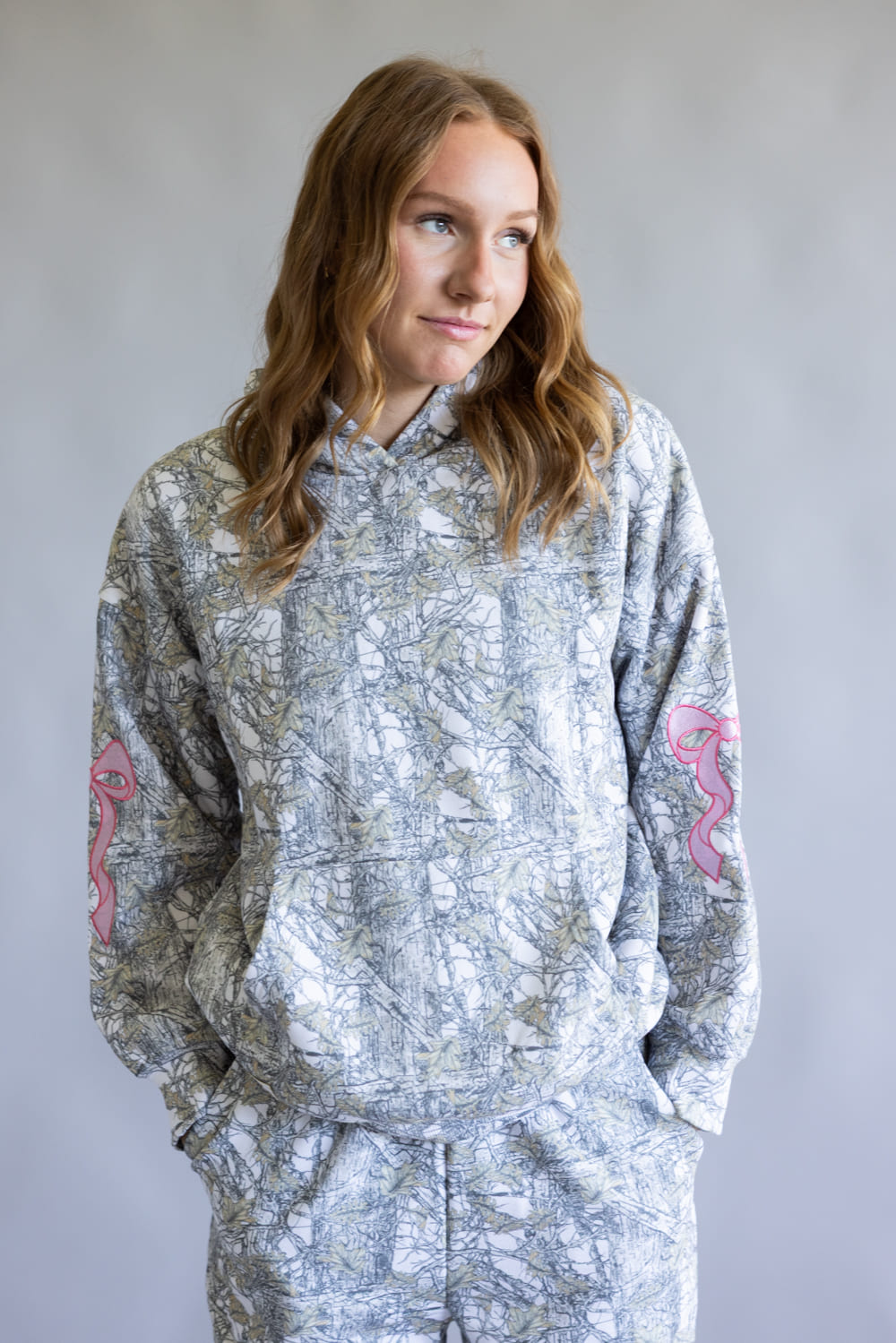 Simply Southern Alice Bow Camo Hoodie for Women in White