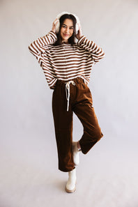 Allie Rose Drawstring Corduroy Barrel Pants for Women in Brown