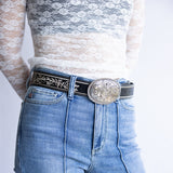 Large Circle Engraved Buckle Belt for Women in Black