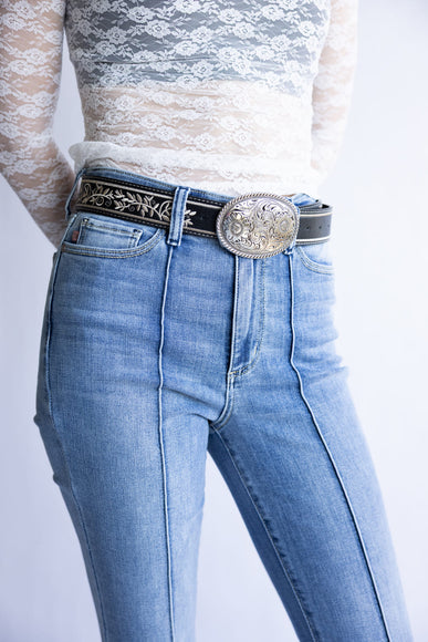Large Circle Engraved Buckle Belt for Women in Black