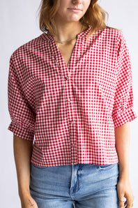 Gingham Split Neck Button Front Top for Women in Red