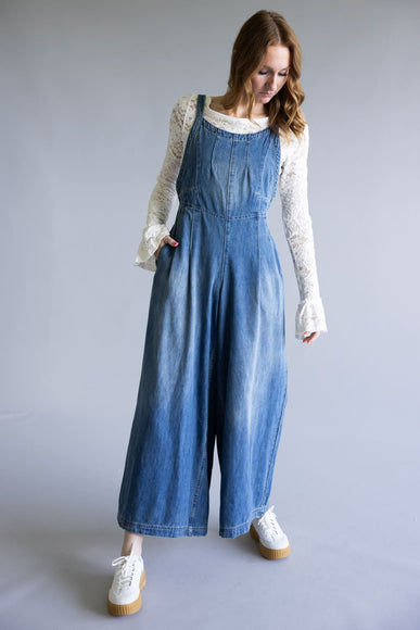 Aaron & Amber Denim Wide Leg Overalls for Women in Medium Wash