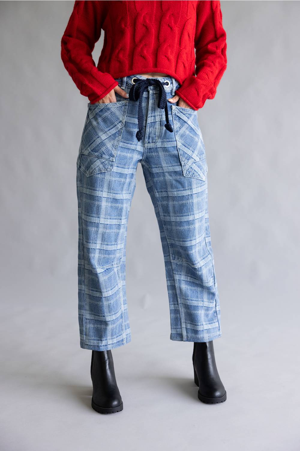 Aaron & Amber Drawstring Plaid Barrel Jeans for Women in Denim