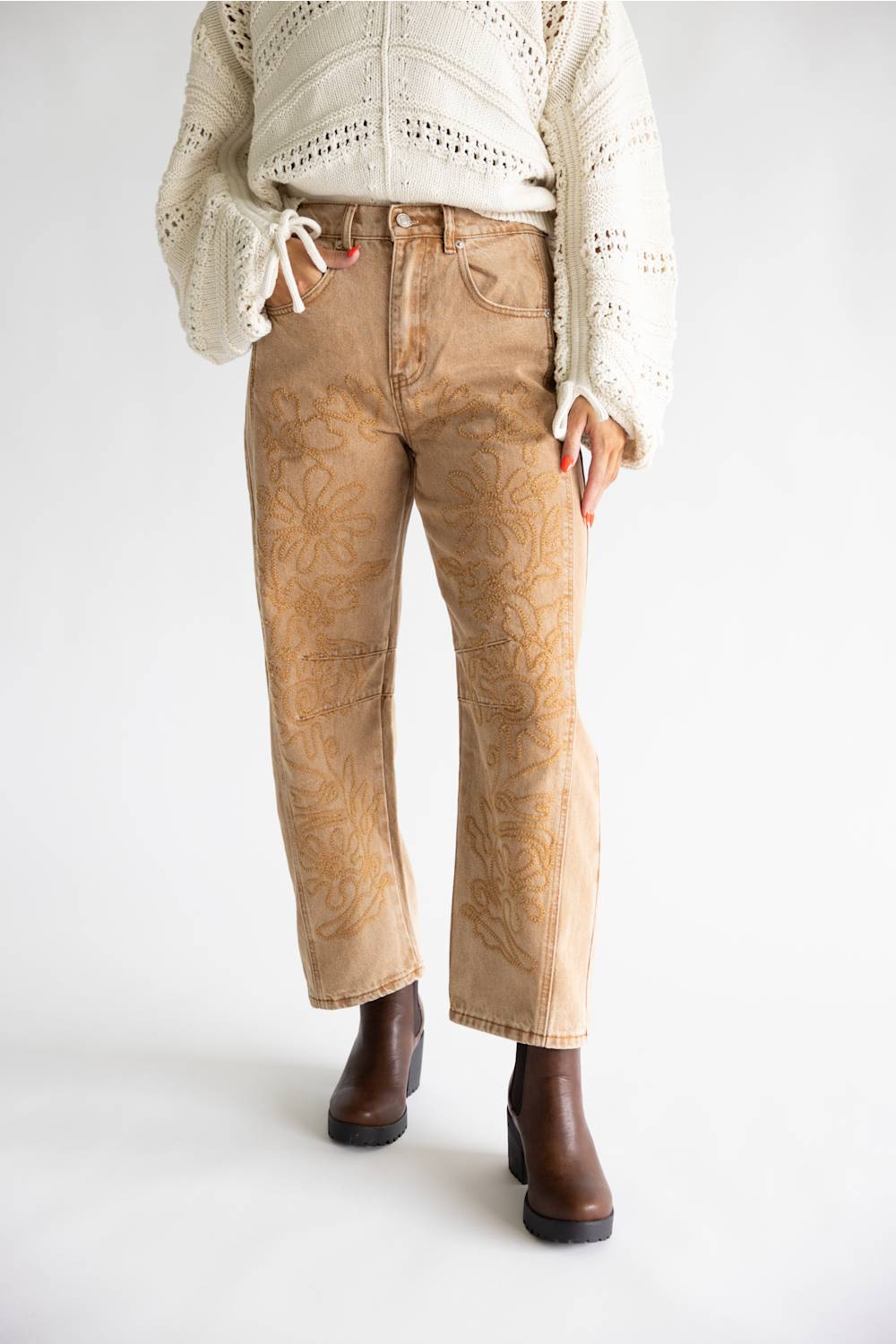 Aaron & Amber Embroidered Barrel Pants for Women in Rust