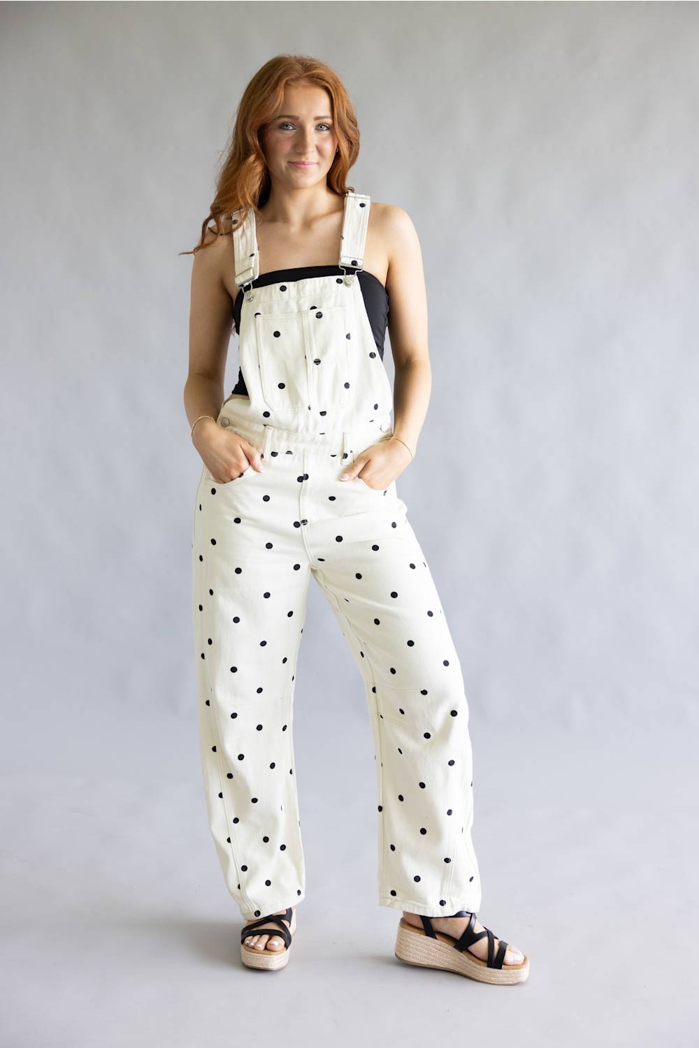Aaron & Amber Slouchy Denim Overalls for Women in Polka Dot