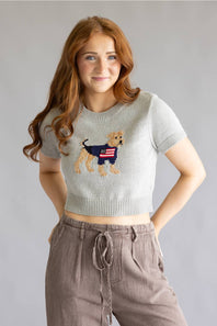 Americana Dog Cropped Sweater Top for Women in Heather Grey
