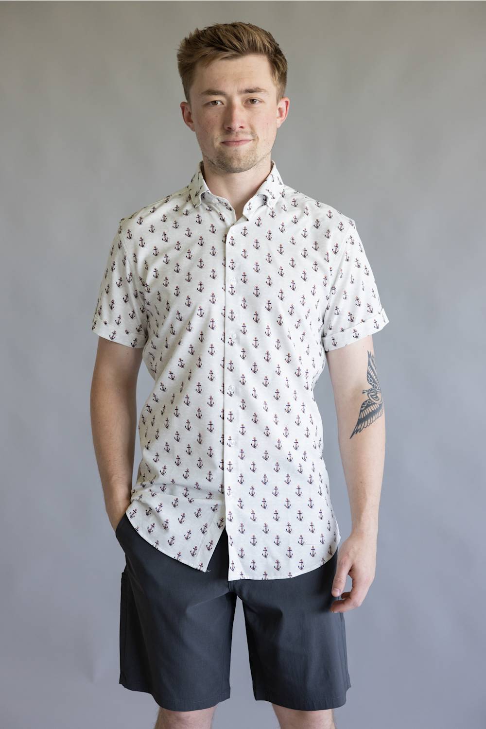 Anchors & Flags Pattern Button Down Shirt for Men in Silver