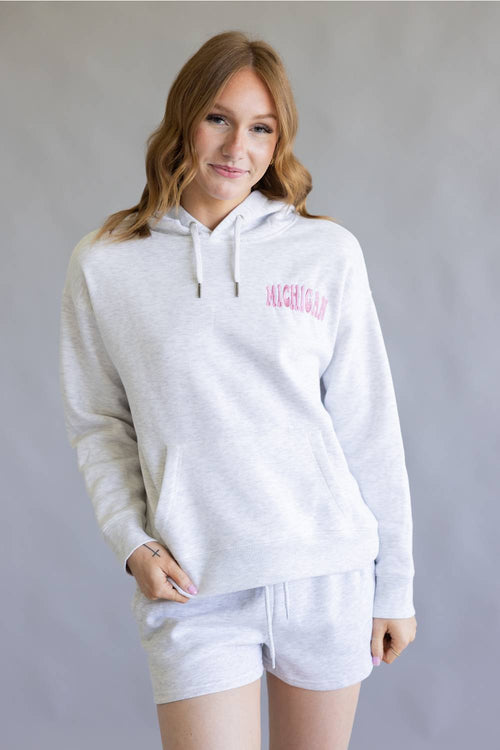 Michigan Wave Embroidered Hoodie for Women in Grey