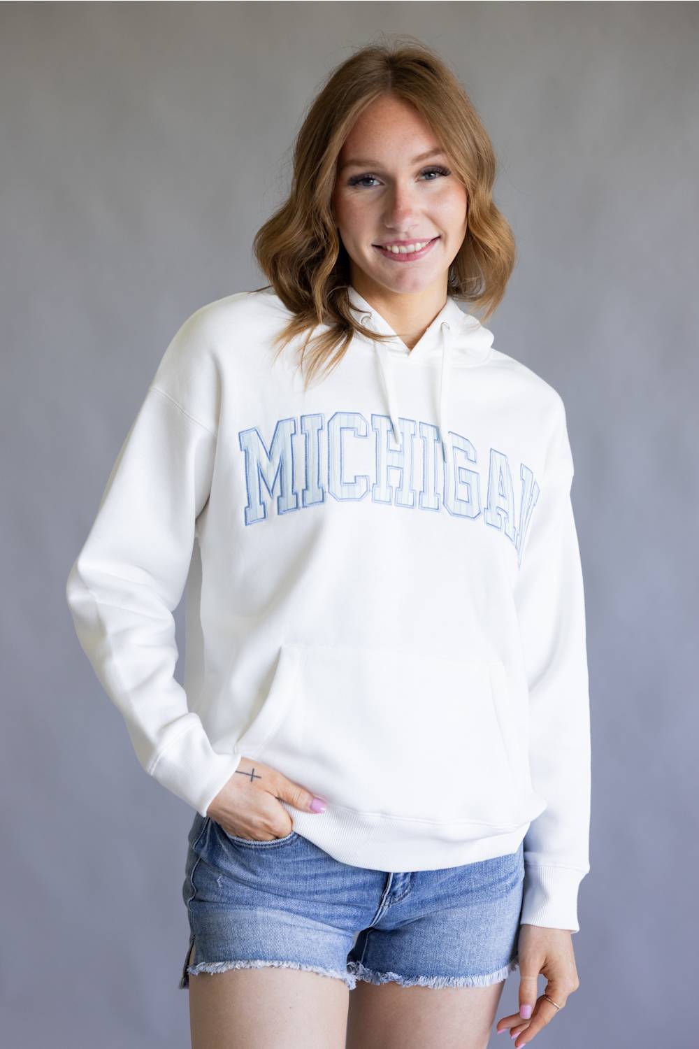 Striped Michigan Embroidered Hoodie for Women in White