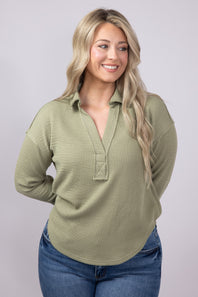 Blu Pepper Ribbed Knit Johnny Collar Polo Shirt for Women in Light Olive