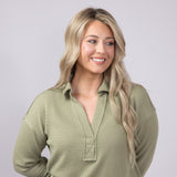 Blu Pepper Ribbed Knit Johnny Collar Polo Shirt for Women in Light Olive