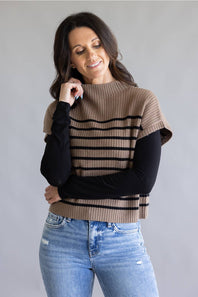 Blu Pepper Striped Mock Neck Sweater for Women in Mocha