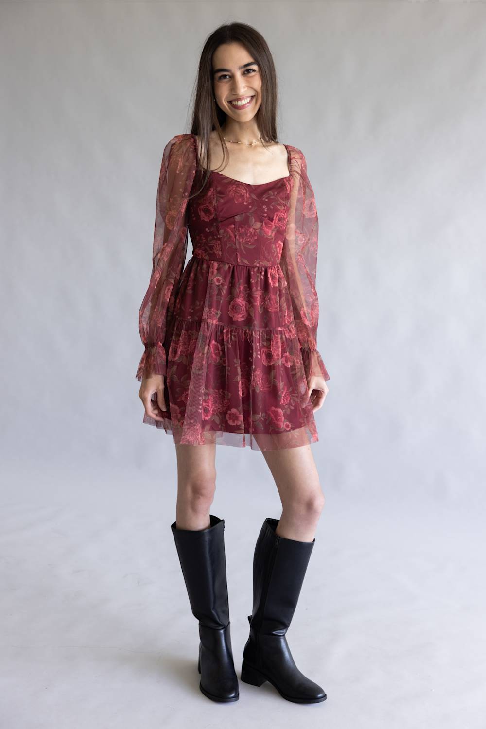 Blu Pepper Floral Long Sleeve Mini Dress for Women in Burgundy at Glik's , M