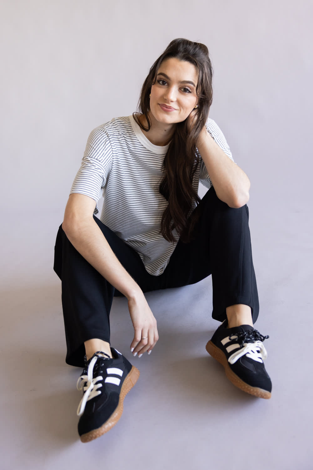 La Miel Basic Striped Drop Shoulder Top for Women in Heather Grey