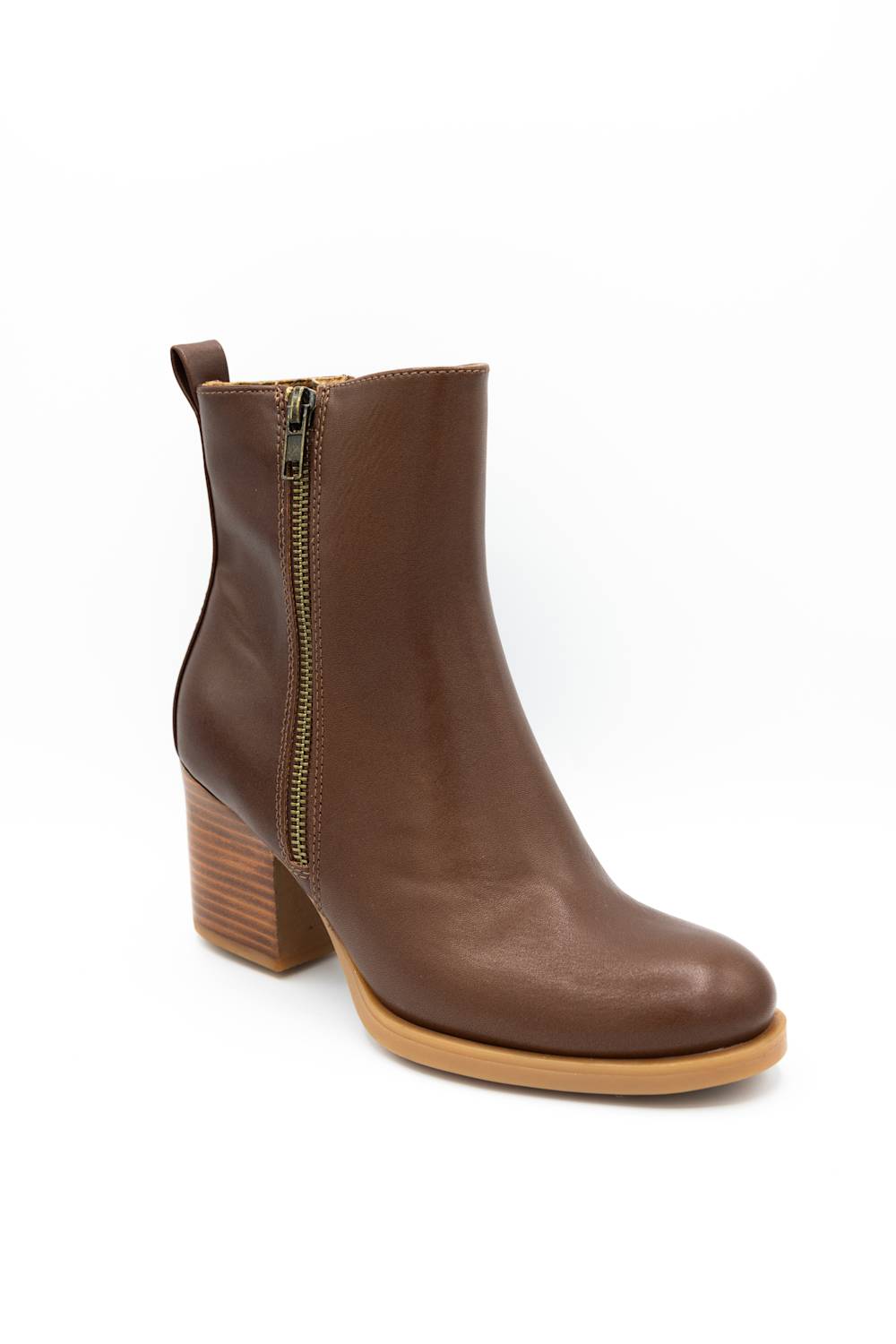 A brown leather ankle boot with a side zipper, a stacked wood-look block heel, and a tan sole, shown on a white background.