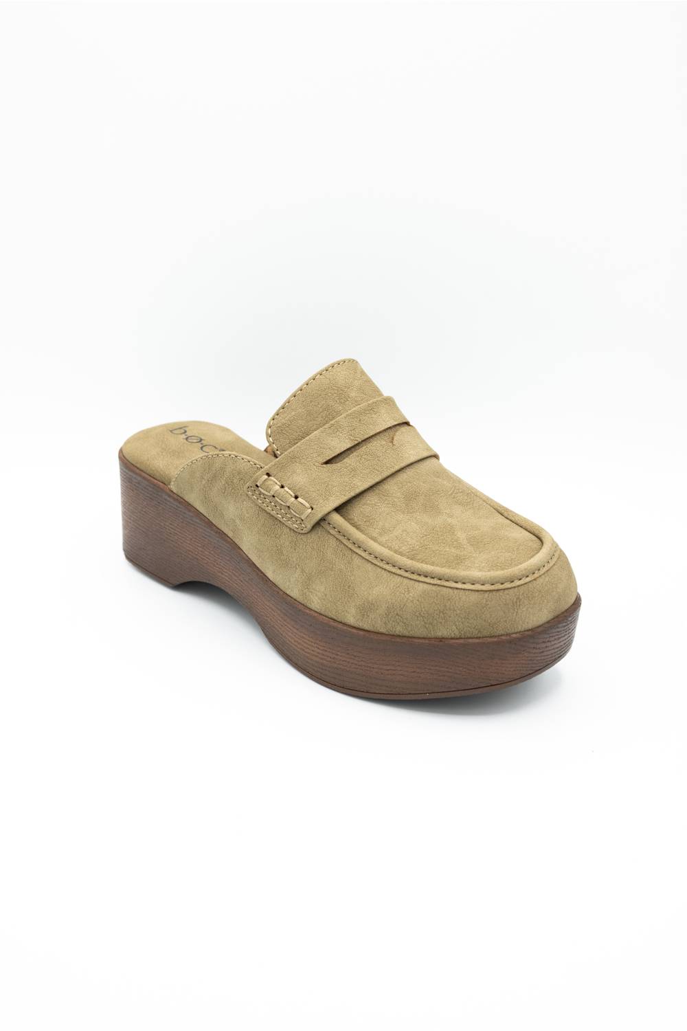 A single taupe suede mule shoe with a brown wooden platform wedge heel, shown from a three-quarters angle on a white background.